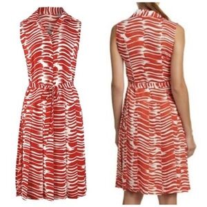 CAbi Red and White Brushstroke Pattern Midi Sleeveless Collared Dress NWOT
